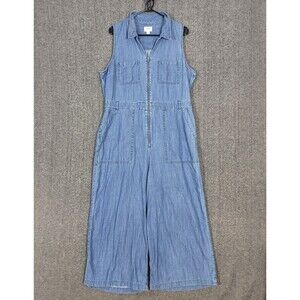 J Crew Jumpsuit Womens 16 Blue Chambray Denim Sleeveless Wide Leg Zip Front